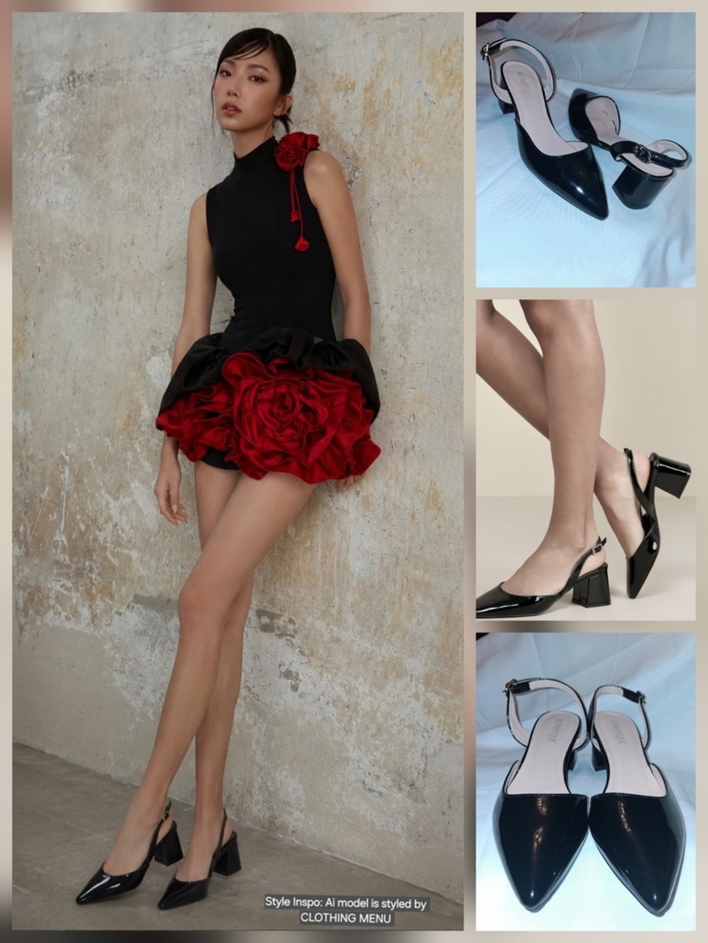 Black Faux Patent Pointed-Toe Block Heel Slingback Pumps Low Heel Size 40 NWOT